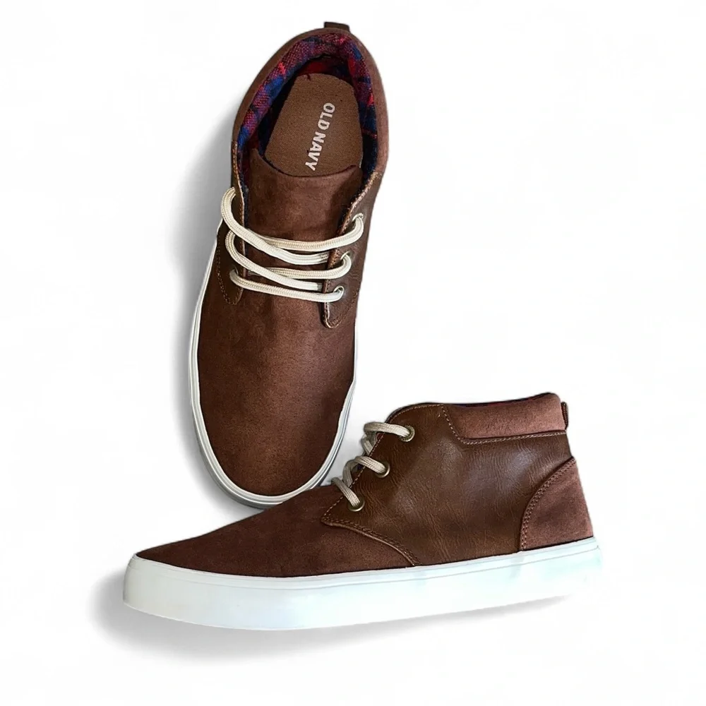 Brown Faux Suede Leather Casual Lace Up Midtop Ankle Sneakers Boys Size 4